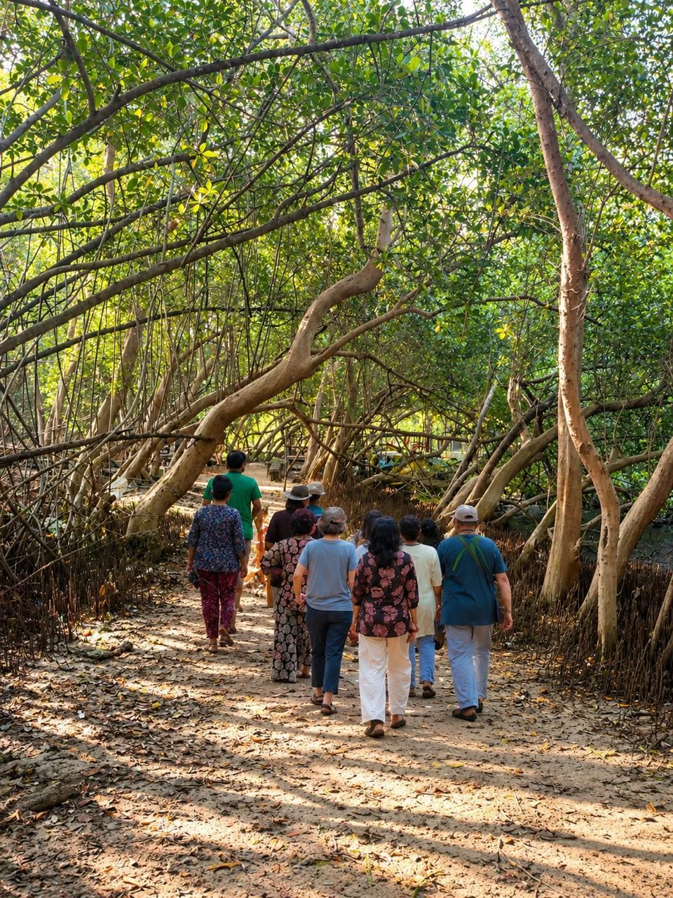 Visitors trekking through the forest