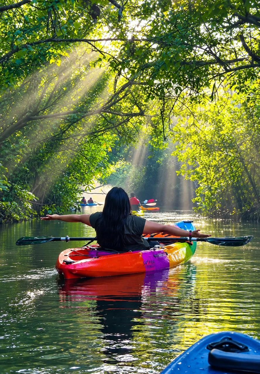 Kayaker beneath a sunlit forest canopy