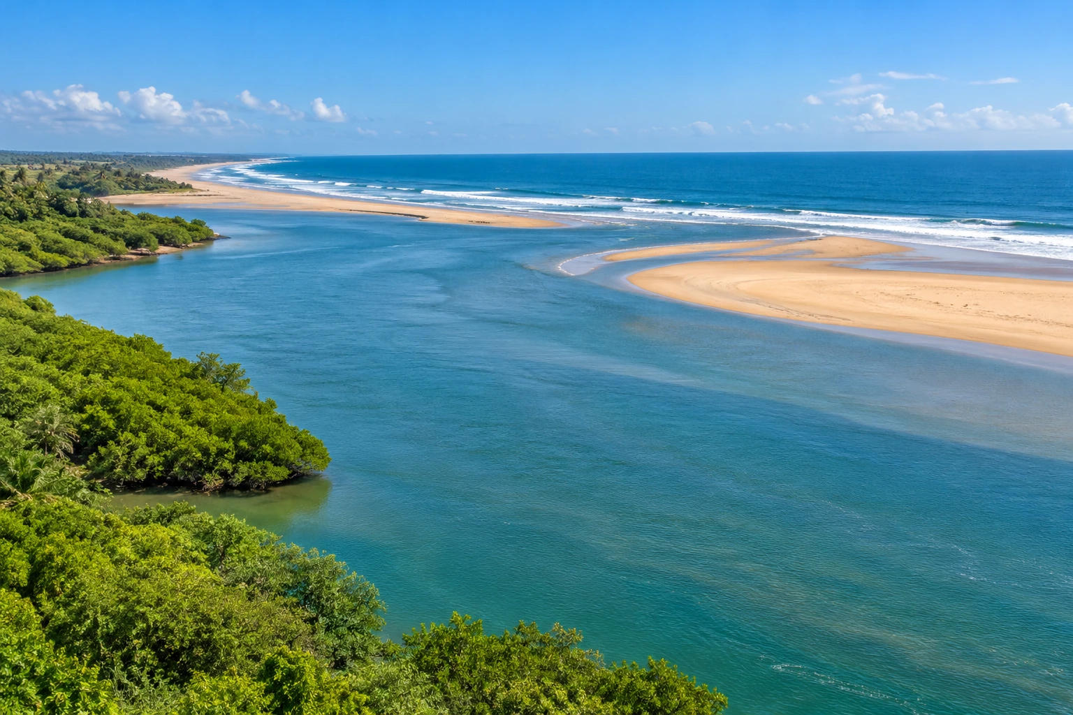 AI-generated illustration of a bright river mouth with sandbanks and green vegetation